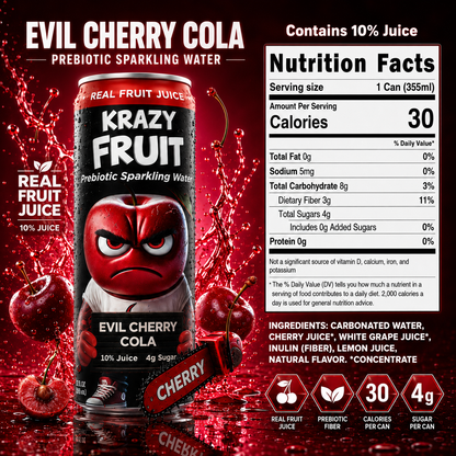 Krazy Fruit Evil Cherry Cola Prebiotic Sparkling Water made with Real Fruit Juice, Low Calorie, 6-Pack, 12 fl oz Cans