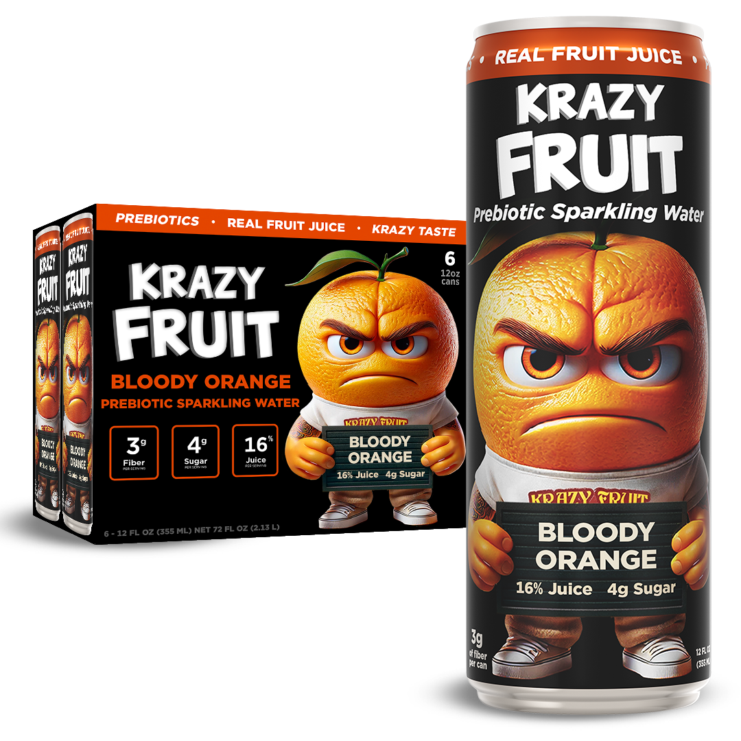 Krazy Fruit Bloody Orange Prebiotic Sparkling Water made with Real Fruit Juice, Low Calorie, 6-Pack, 12 fl oz Cans