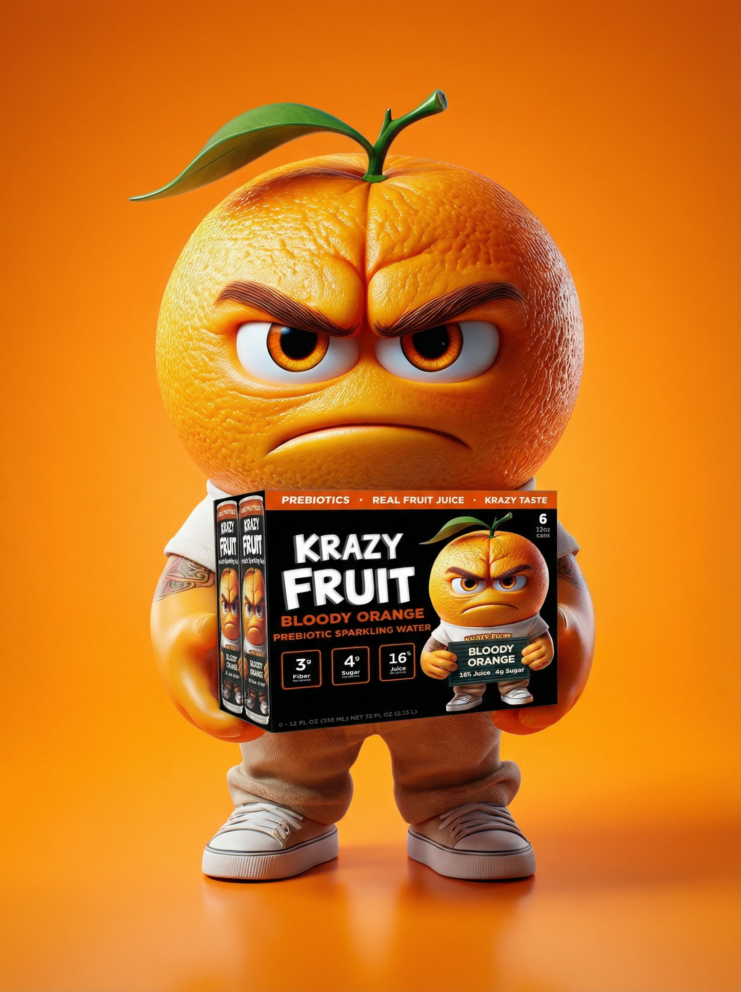 Krazy Fruit Bloody Orange Prebiotic Sparkling Water made with Real Fruit Juice, Low Calorie, 6-Pack, 12 fl oz Cans