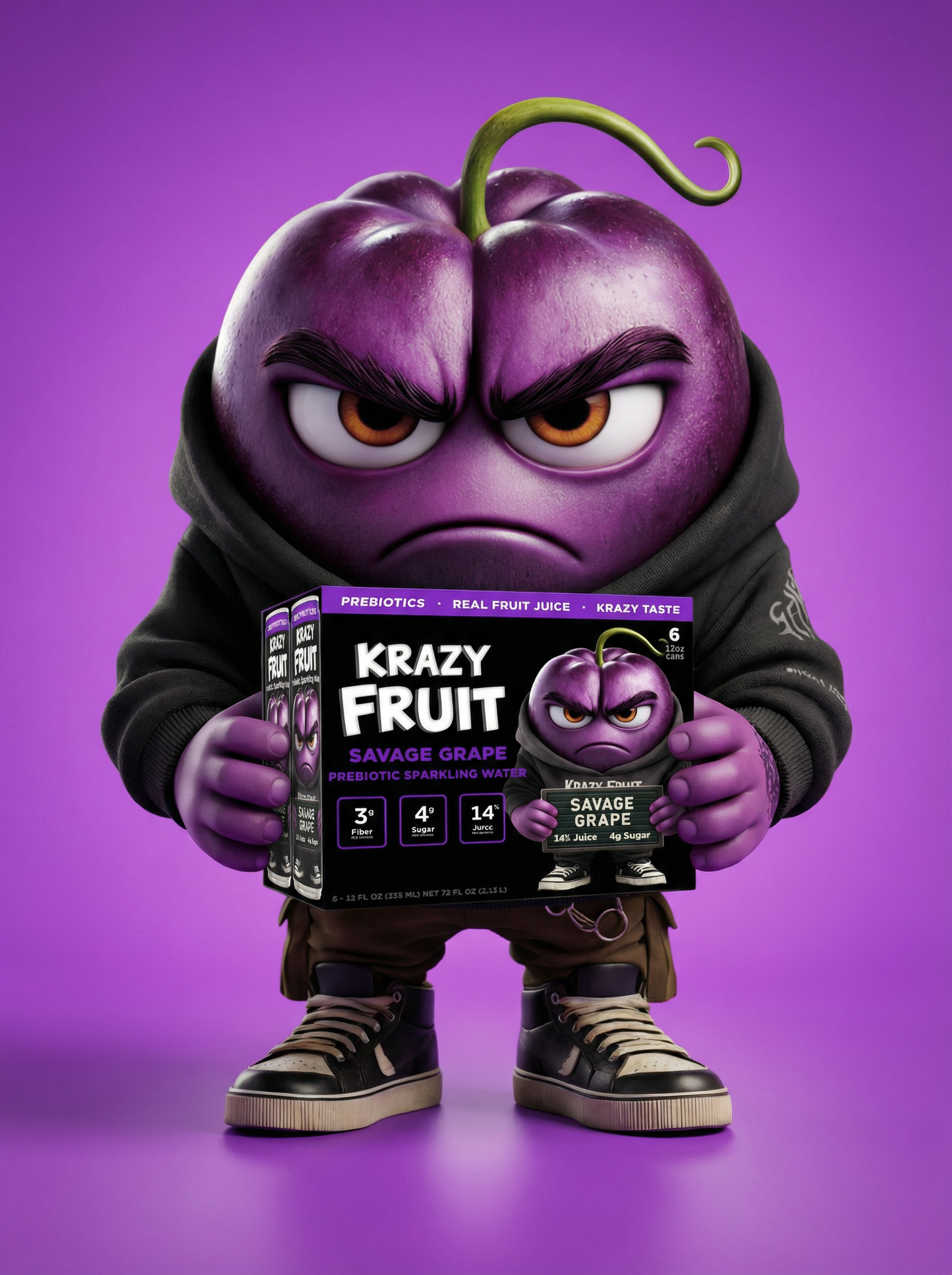 Krazy Fruit Savage Grape Prebiotic Sparkling Water made with Real Fruit Juice, Low Calorie, 6-Pack, 12 fl oz Cans
