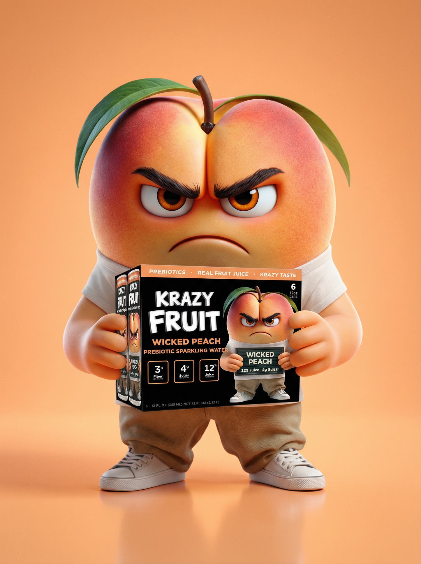 Krazy Fruit Wicked Peach Prebiotic Sparkling Water made with Real Fruit Juice, Low Calorie, 6-Pack, 12 fl oz Cans