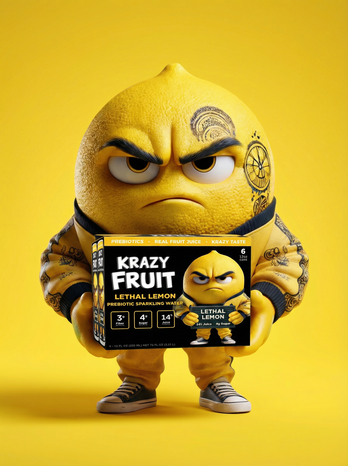 Krazy Fruit Lethal Lemon Prebiotic Sparkling Water made with Real Fruit Juice, Low Calorie, 6-Pack, 12 fl oz Cans