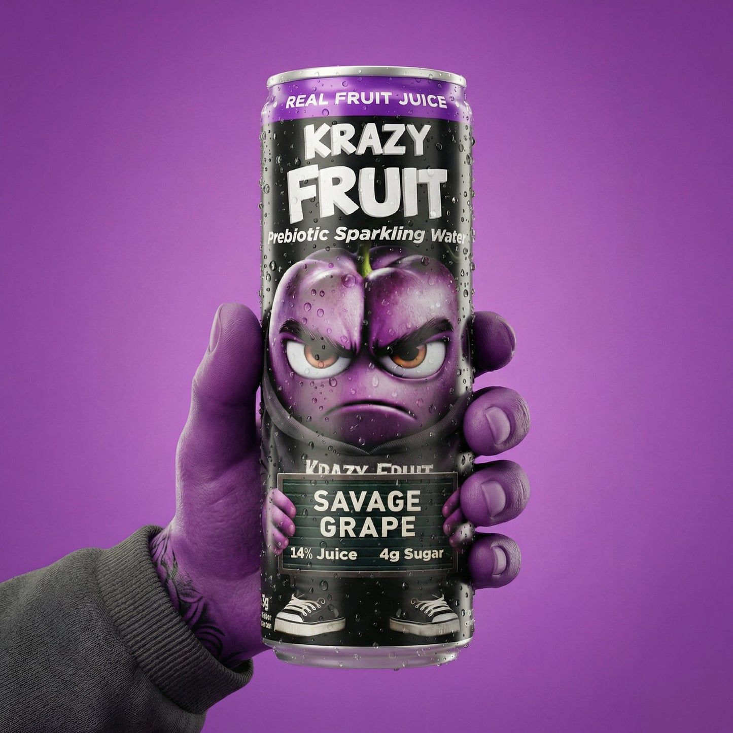 Krazy Fruit Savage Grape Prebiotic Sparkling Water made with Real Fruit Juice, Low Calorie, 6-Pack, 12 fl oz Cans