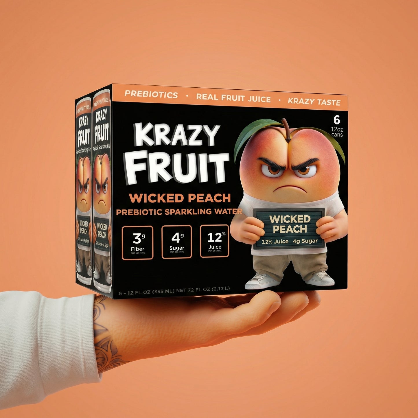 Krazy Fruit Wicked Peach Prebiotic Sparkling Water made with Real Fruit Juice, Low Calorie, 6-Pack, 12 fl oz Cans