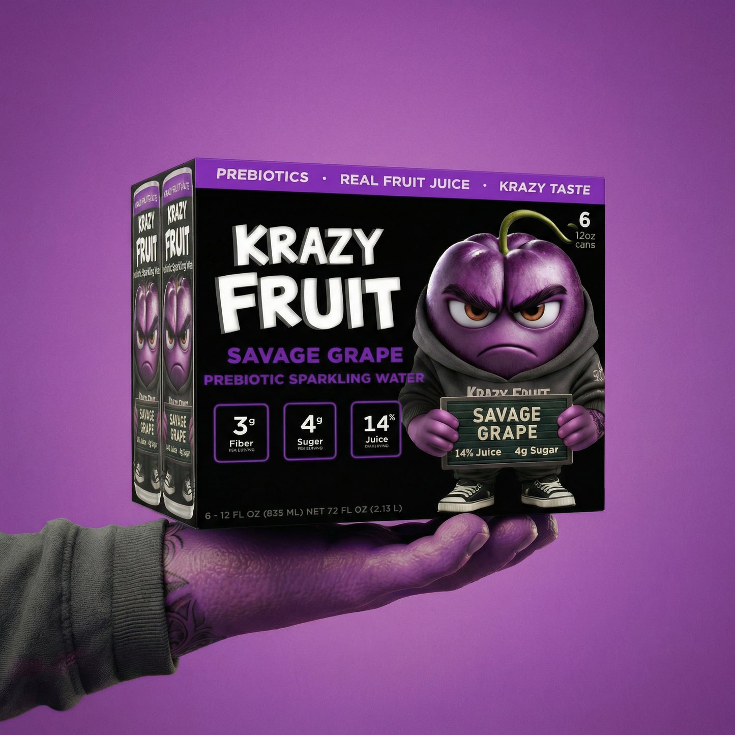 Krazy Fruit Savage Grape Prebiotic Sparkling Water made with Real Fruit Juice, Low Calorie, 6-Pack, 12 fl oz Cans