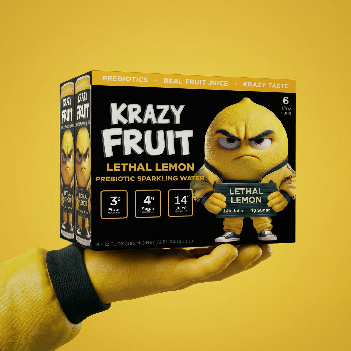 Krazy Fruit Lethal Lemon Prebiotic Sparkling Water made with Real Fruit Juice, Low Calorie, 6-Pack, 12 fl oz Cans