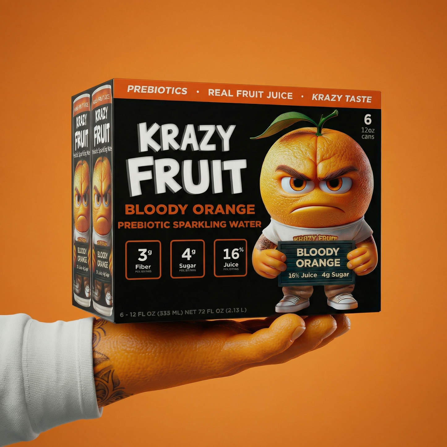 Krazy Fruit Bloody Orange Prebiotic Sparkling Water made with Real Fruit Juice, Low Calorie, 6-Pack, 12 fl oz Cans